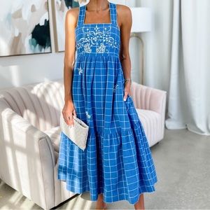 Plaid Floral Embroidered Blue & White Cicely Tiered Midi Dress 🦋